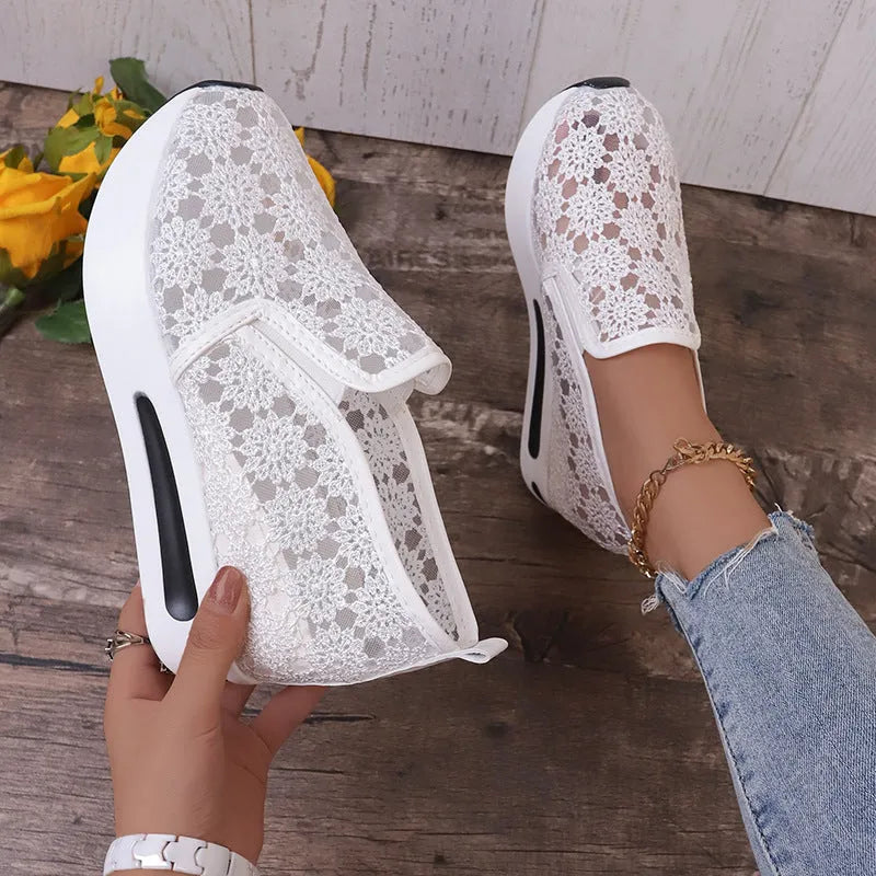Women's lace mesh flat shoes with inner heightened platform, round toe, satin upper, available in pink and white