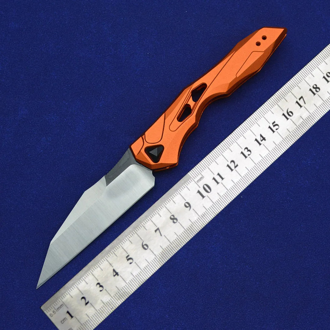Black folding fruit knife with D2 steel blade and aluminium handle for camping