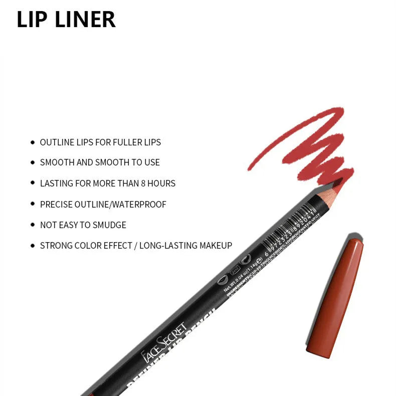 Matte lip liner pencil in standard packaging shown with colour range from shade 201 to 214.