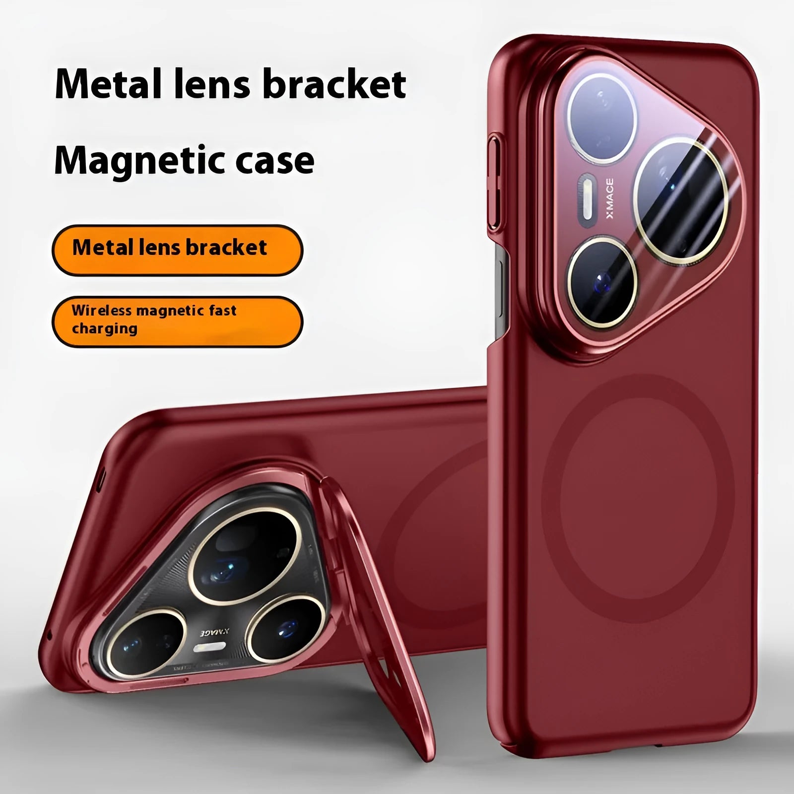 Huawei Pura80pro phone case with magnetic lens bracket in black silver bright red colours