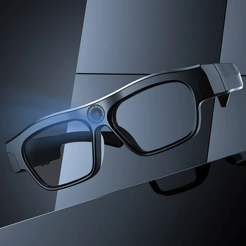 Black smart Bluetooth glasses with integrated camera for head-mounted video recording.