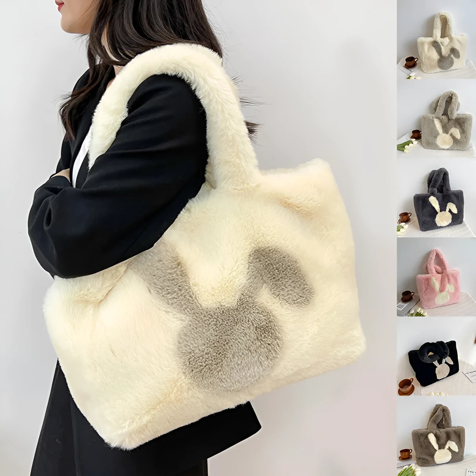 Plush shoulder bag with cartoon rabbit ears in solid colour with large capacity