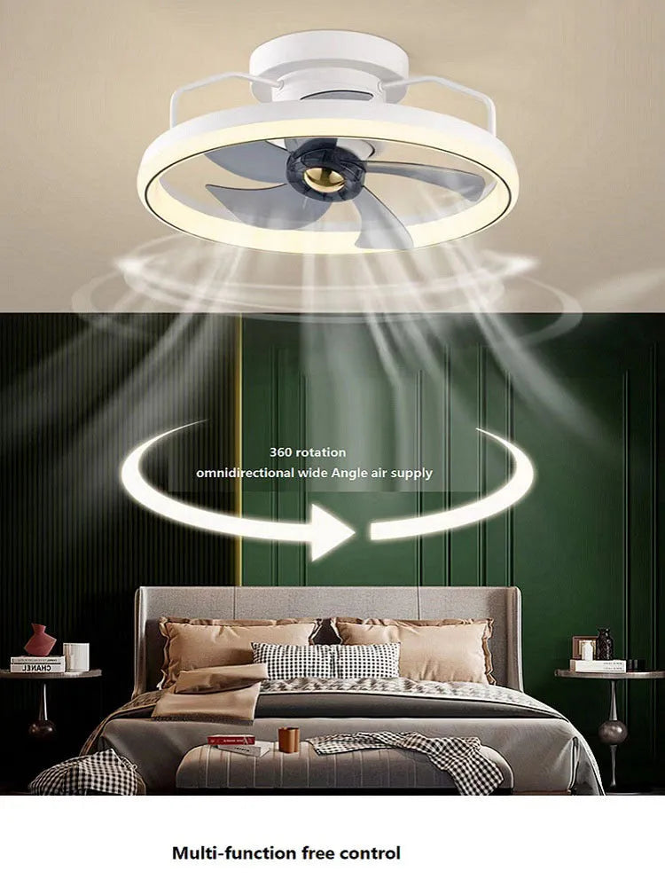 Modern overhead ceiling fan with integrated light showing 500mm diameter design with PC blades and acrylic lampshade
