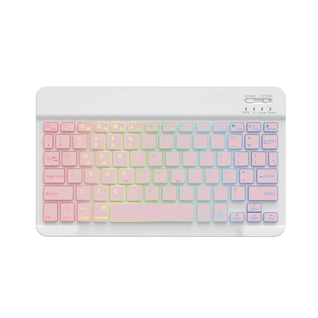 10-inch wireless Bluetooth keyboard with colourful backlighting for tablets, shown in black case.