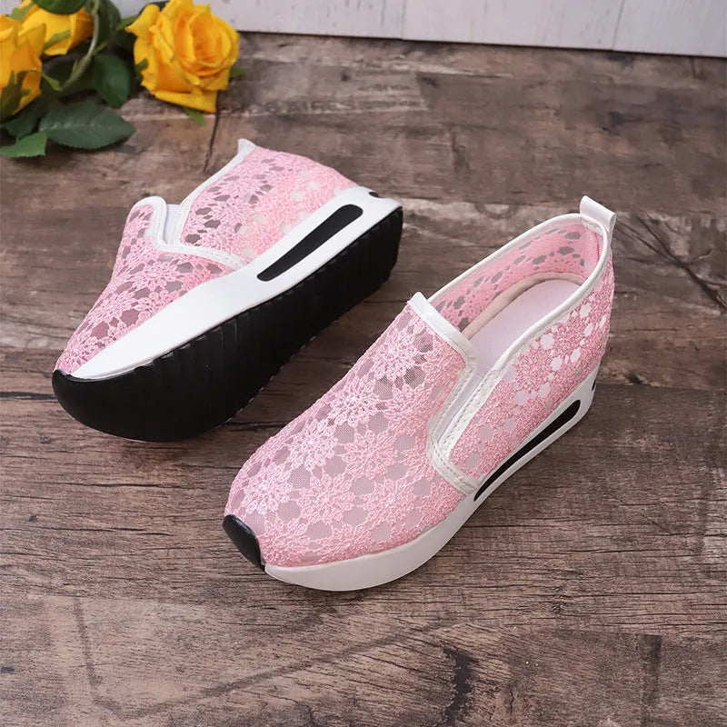 Women's lace mesh flat shoes with inner heightened platform, round toe, satin upper, available in pink and white