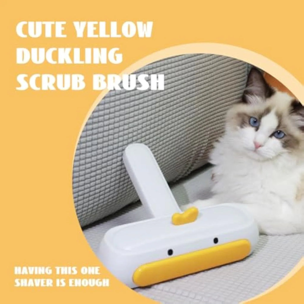 White portable pet hair remover with yellow duck design and polyester bristles.