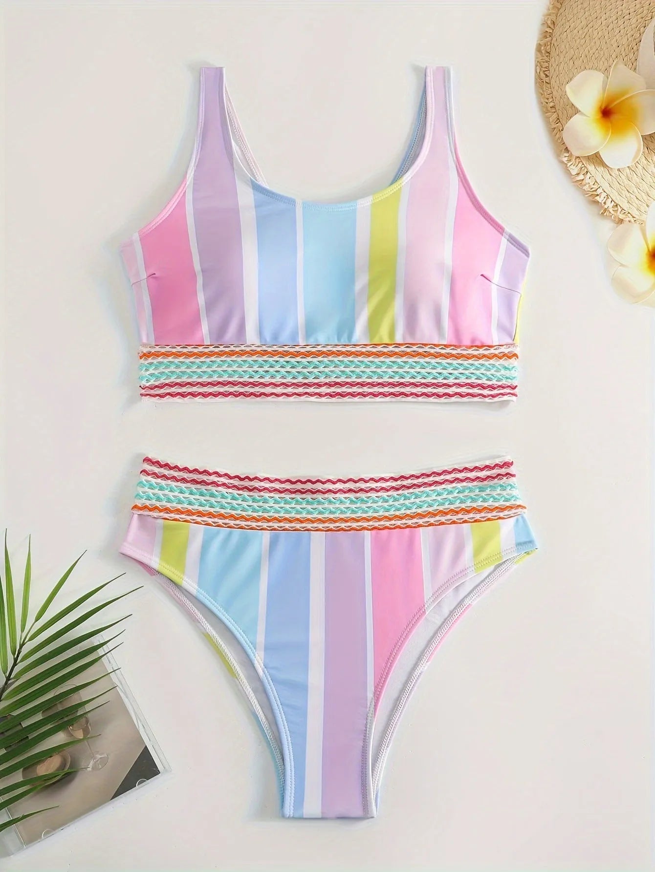 Women's striped sports bikini swimwear set in polyester fabric with spandex lining
