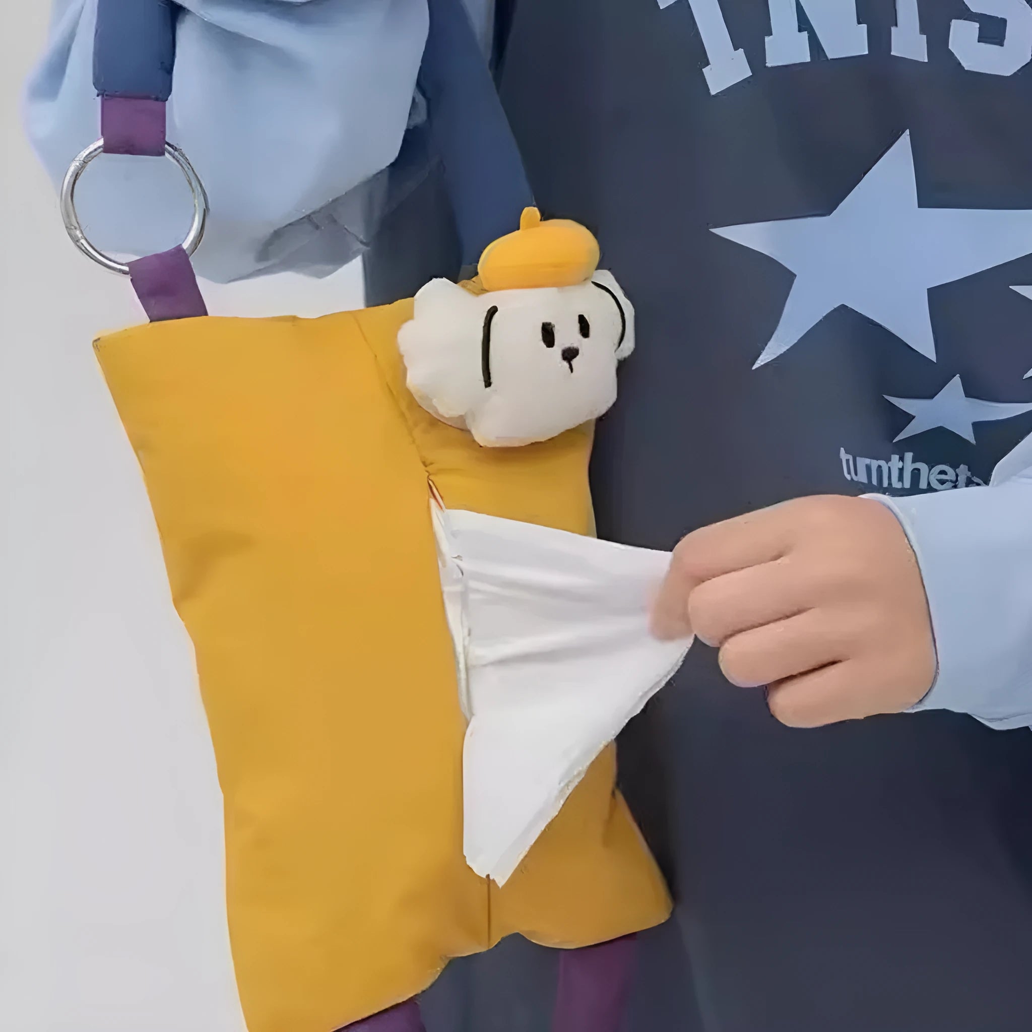Plush hanging car tissue bag in hat dog or baby crocodile design measuring 25 by 19 centimetres