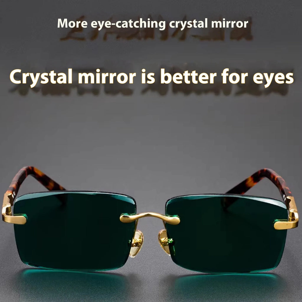 Dark green crystal frameless sunglasses with glasses case and lens cloth
