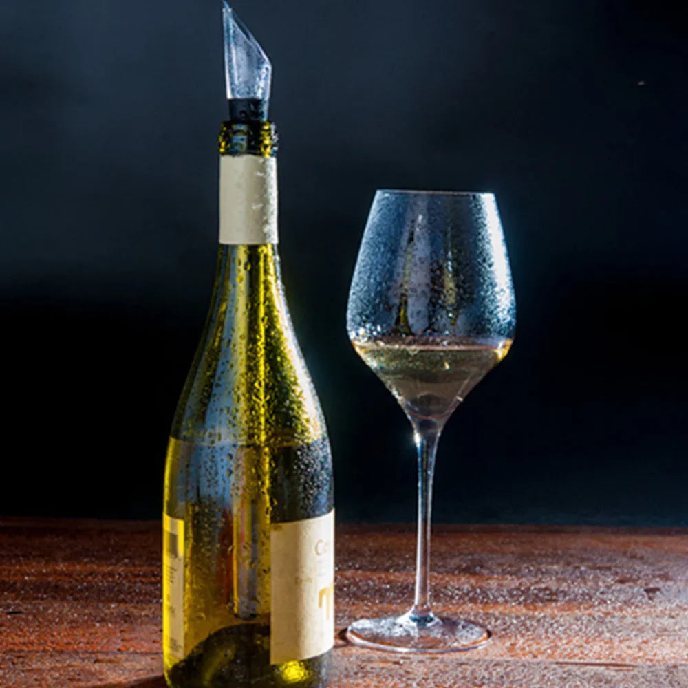 Stainless steel wine chilling rod with acrylic pourer, shown next to a wine bottle.