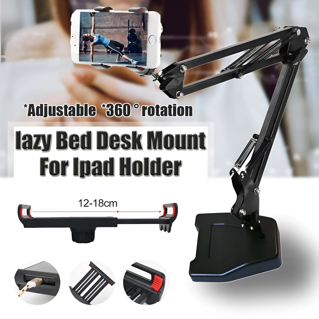 Black universal phone stand with long rotating arms holding tablet on metal base