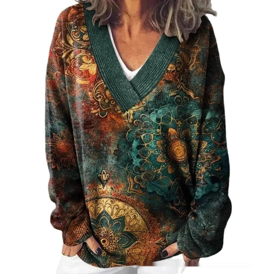 Women's V-neck sweatshirt with 3D floral pattern print in art retro style