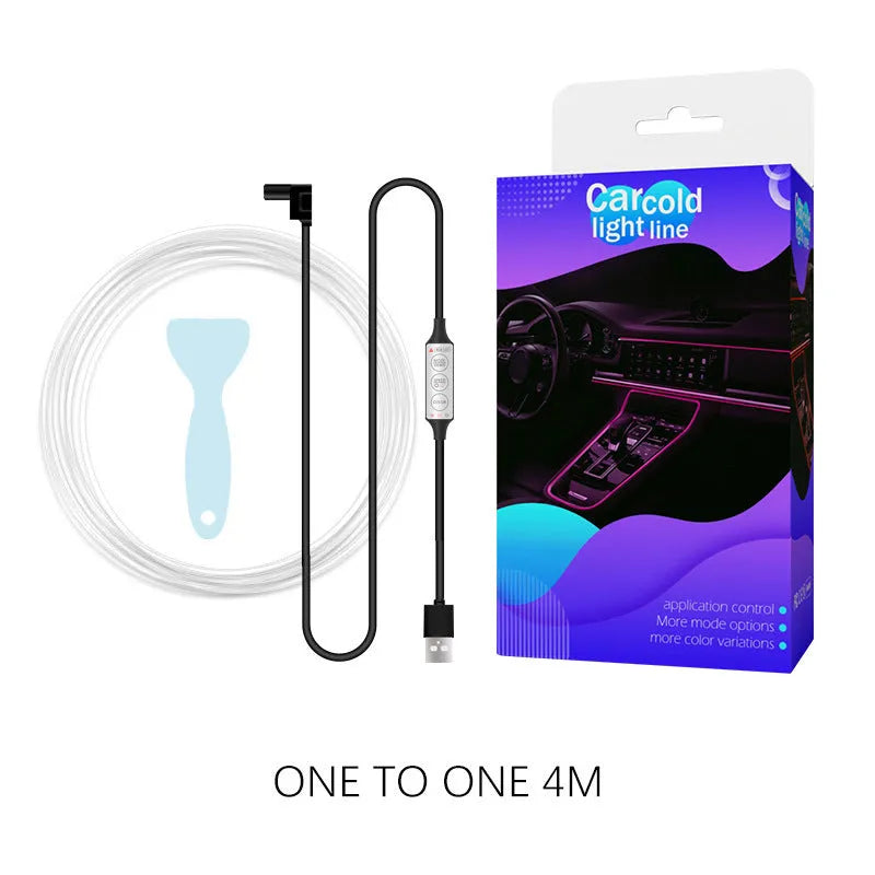USB car interior LED light strip with wireless controller showing RGB colourful lighting