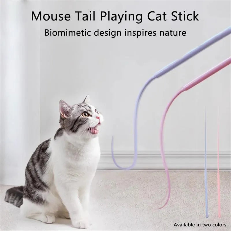 Blue simulated mouse tail cat teaser stick toy with silicone tail and ABS handle for interactive play