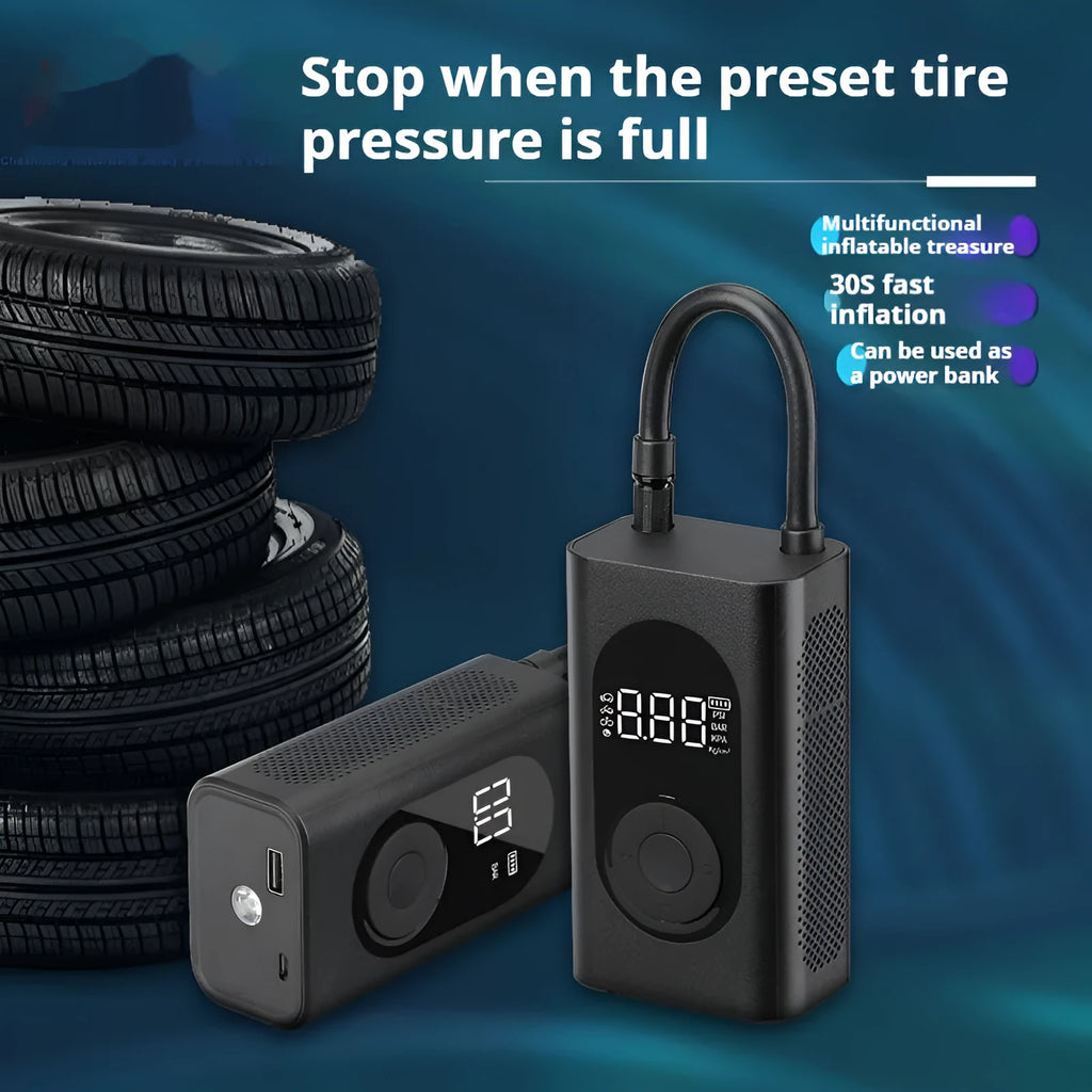 Portable wireless tyre pump with power bank and flashlight functions for multiple vehicle types
