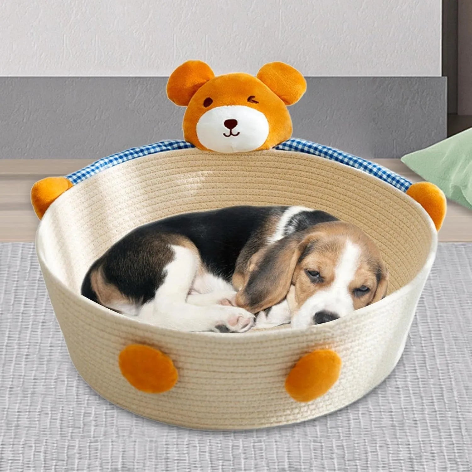 Cotton rope woven cat bed basket with integrated scratching pad in bear design