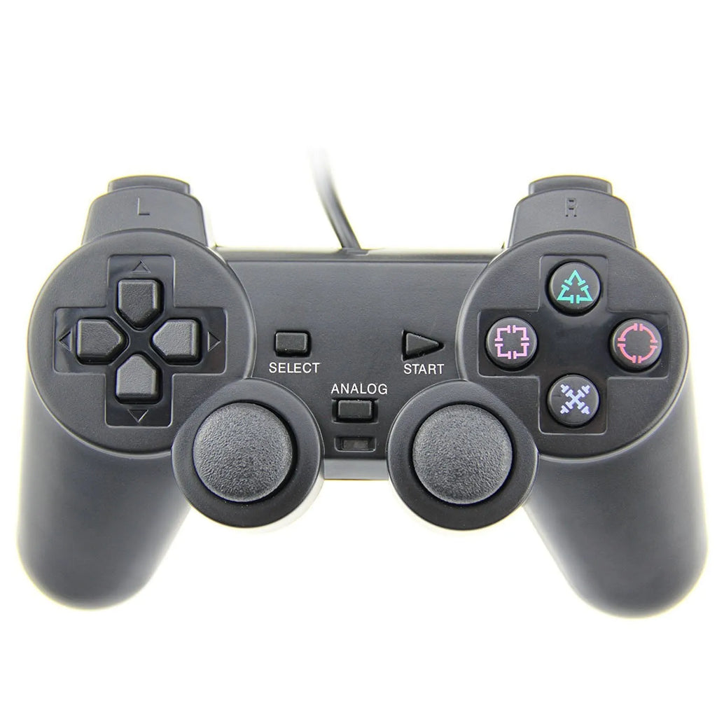 PS2 wired game controller with USB cable, shown in bare metal colour finish