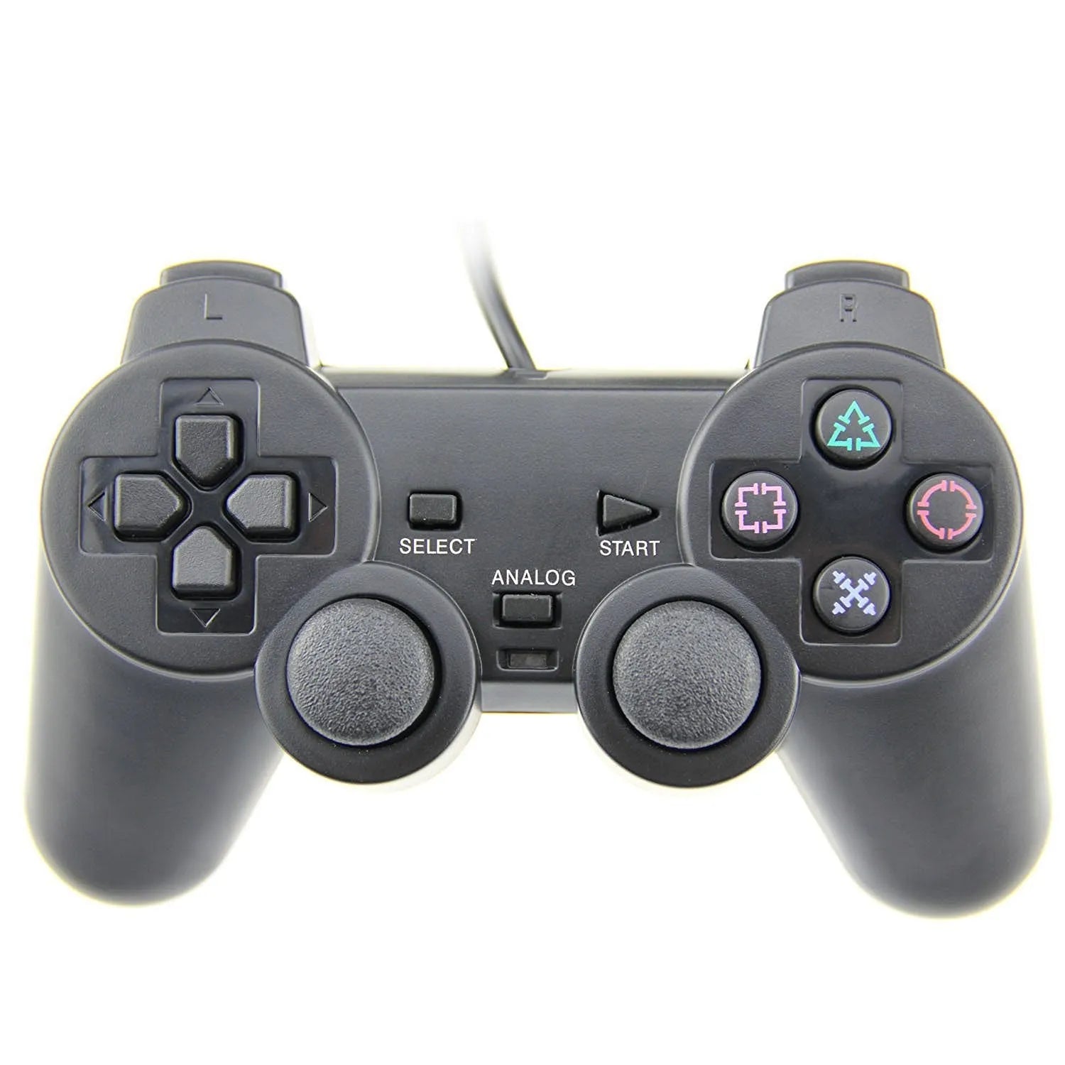 PS2 wired game controller with USB cable, shown in bare metal colour finish
