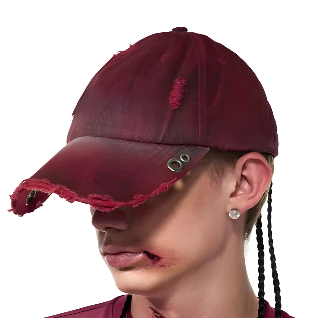 Rose red cotton peaked cap with curved brim and adjustable strap