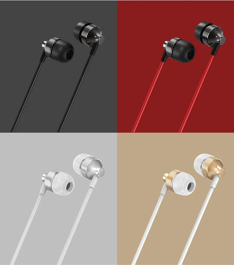 Auricular Metal Fever Heavy Bass Copper In-Ear Headphones in gold, silver, black, and red/black colours with braided cable.