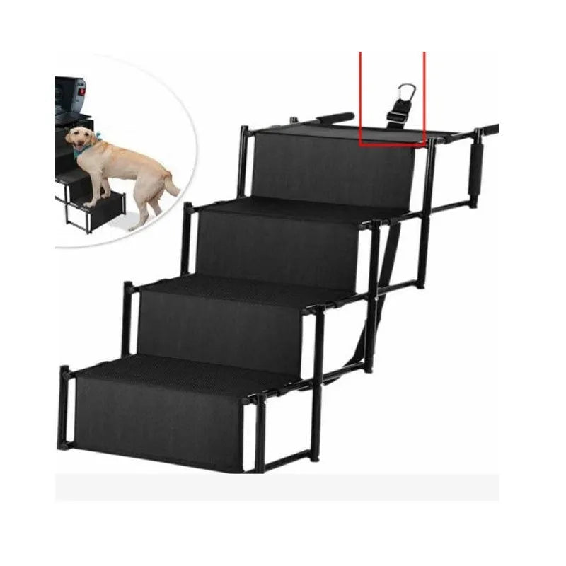 Stainless steel folding dog ladder in navy blue, unfolded showing four steps.
