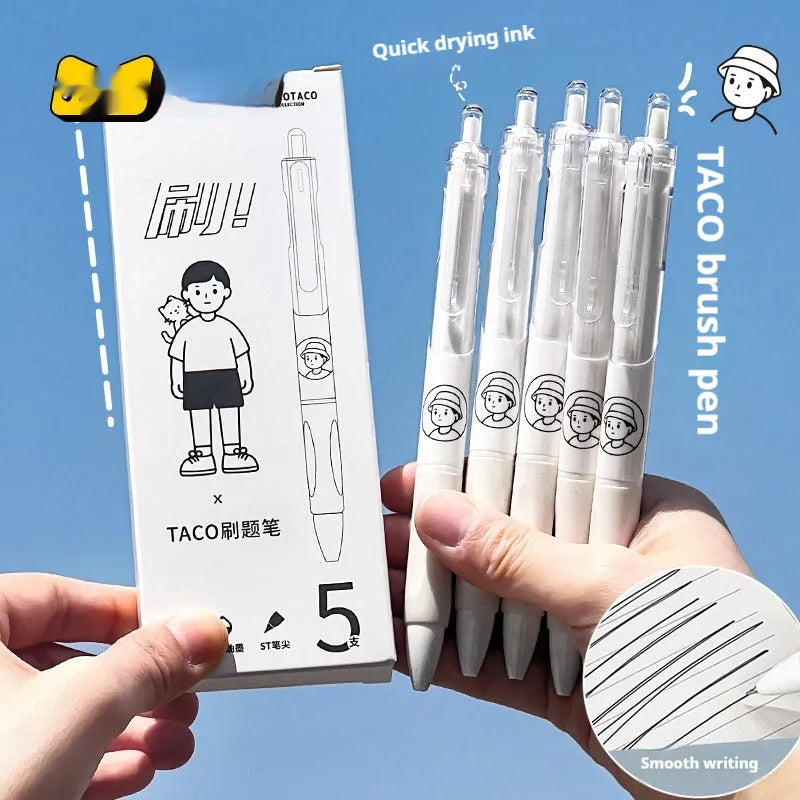 Five black Taco ballpoint pens with 0.5mm tips arranged together