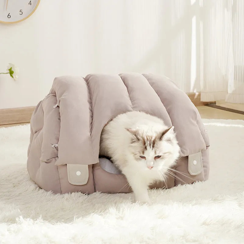 Grey dual-purpose arched cat nest shown as both an enclosed pet bed and an open sofa-style bed.