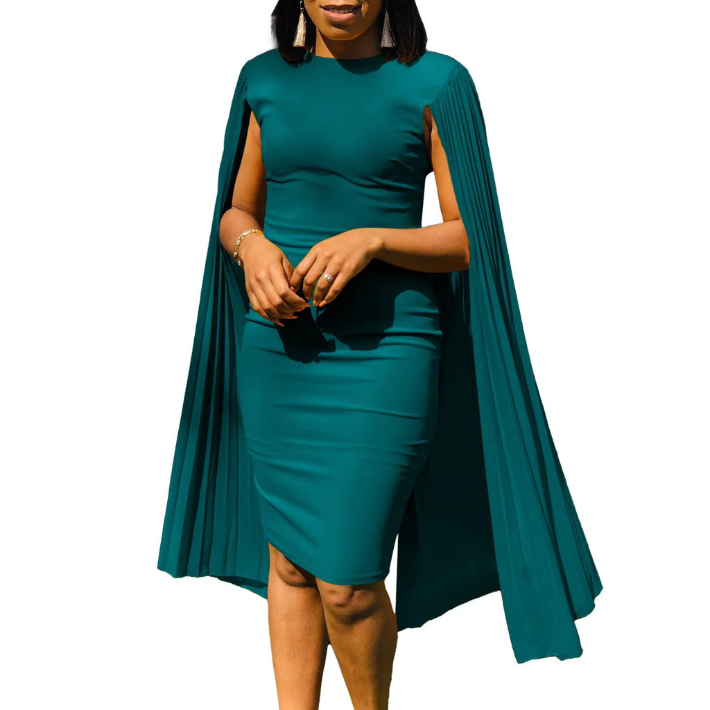 Round neck pleated shawl evening gown dress with high waist and long sleeves in multiple colour options