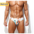 Men's quick-drying digital print shorts in polyester fabric showing low waisted briefs style