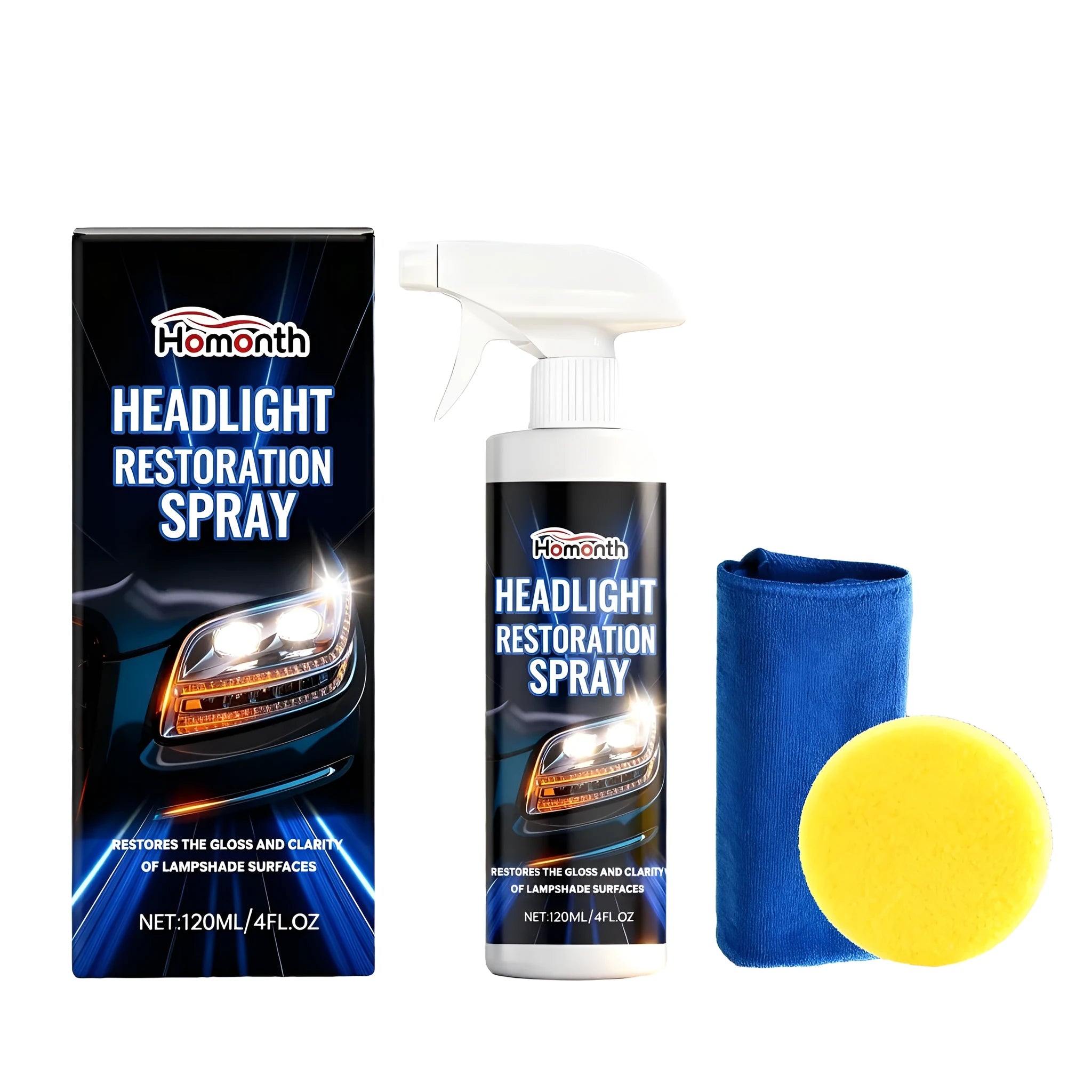 HOMONTH 120ml headlight restoration spray bottle with application sponge and microfibre towel
