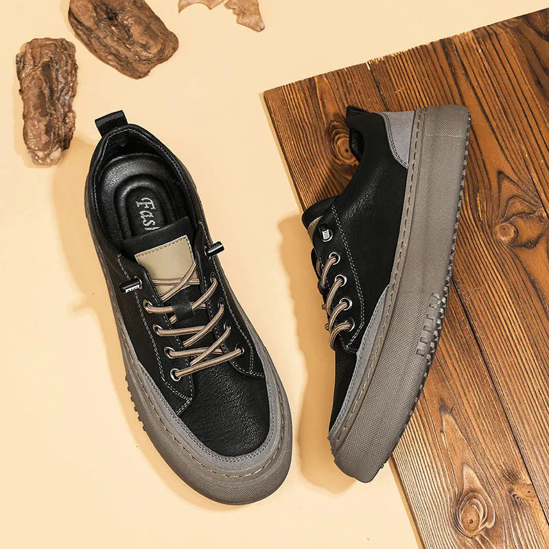 Men's black round toe leather casual shoes with lace-up front on a white background