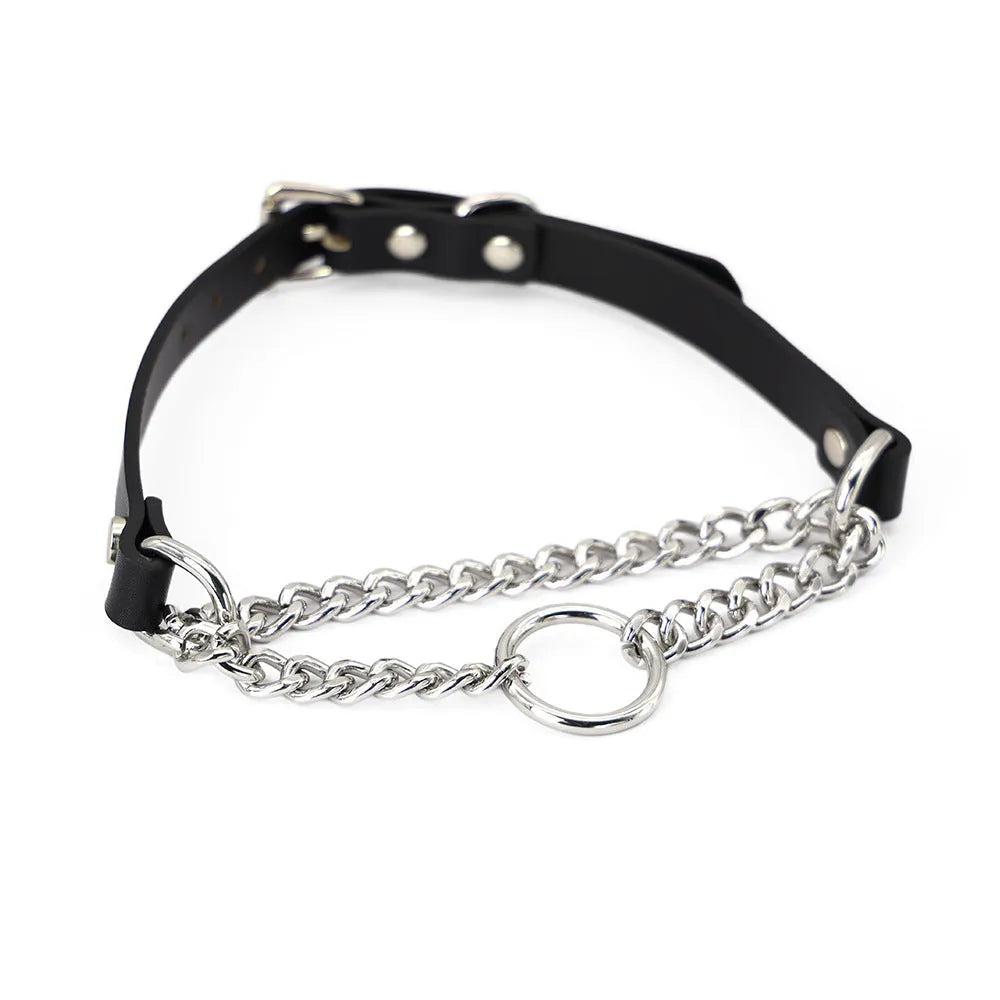 Black leather dog collar and matching hand grip lead set for punk style pet accessories