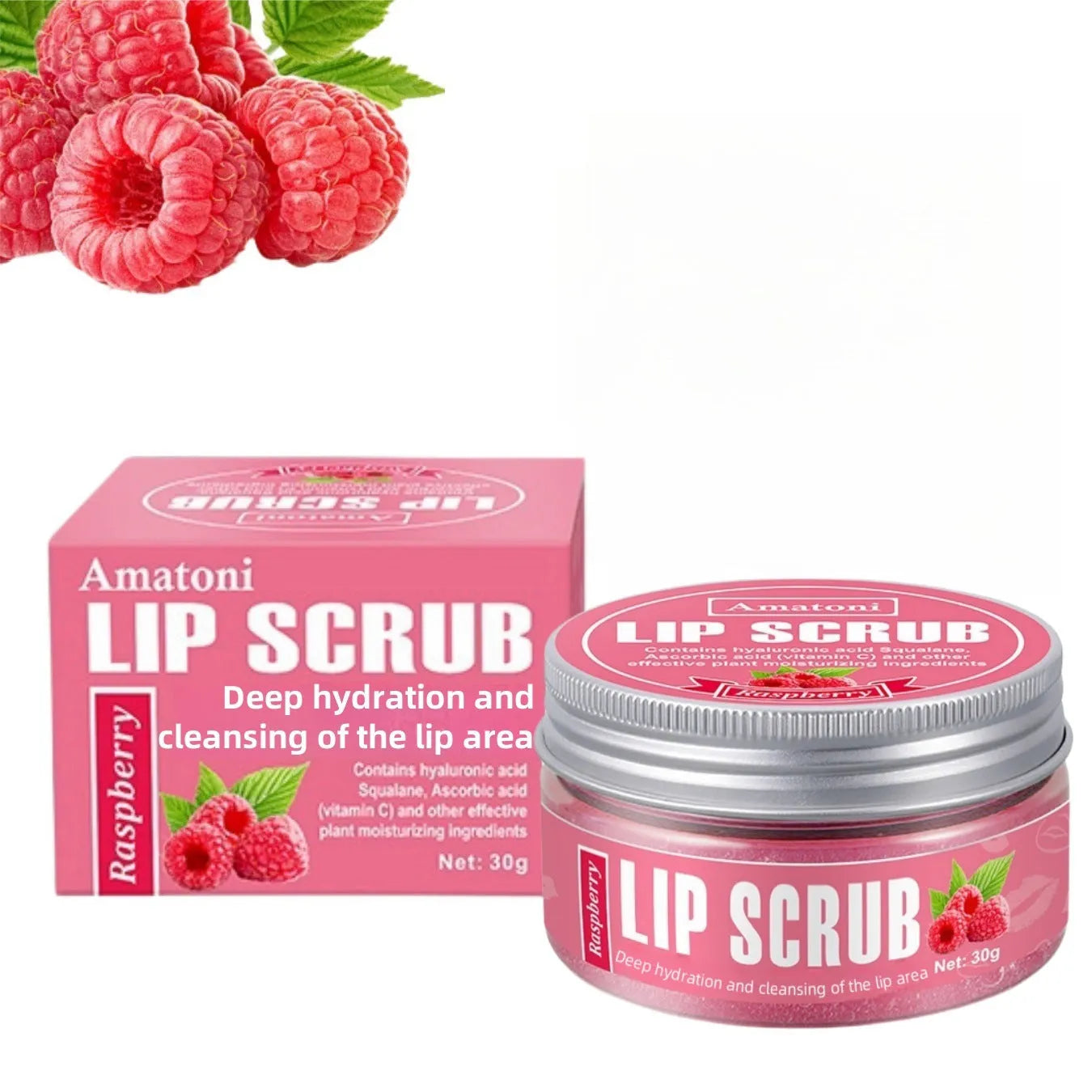 Amatoni Lip Scrub pot in Coconut, Raspberry, Vanilla, or Watermelon flavour, 30g net weight.