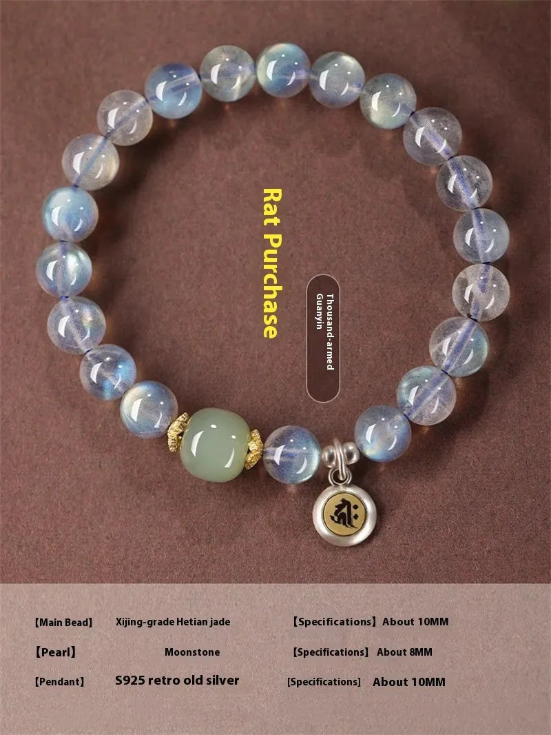 Moonstone Buddhist prayer beads bracelet with electroplated finish and Kwan-yin mouse design