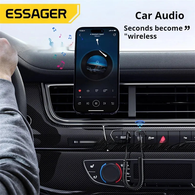 ESSAGER Shadow Arc Bluetooth 5.0 audio receiver with 3.5mm gold-plated plug and stretchable black TPE wire