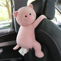 Plush car seat back tissue holder in cute animal design mounted on vehicle headrest