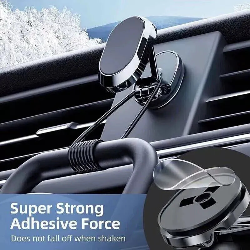 Stainless steel chrome magnetic car phone holder with folded and extended views on a dashboard.