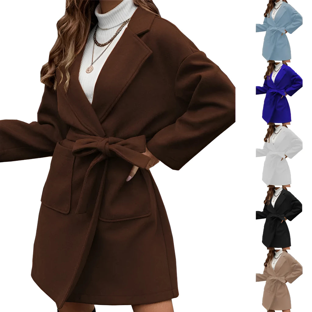 Women's minimalist lapel button coat with split belt in thick polyester fabric.