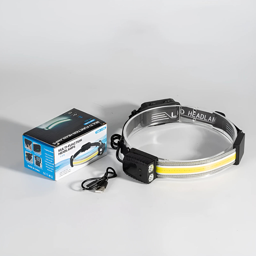 Black multifunctional headlamp with gesture sensing, showing COB and XPE LEDs on the front.