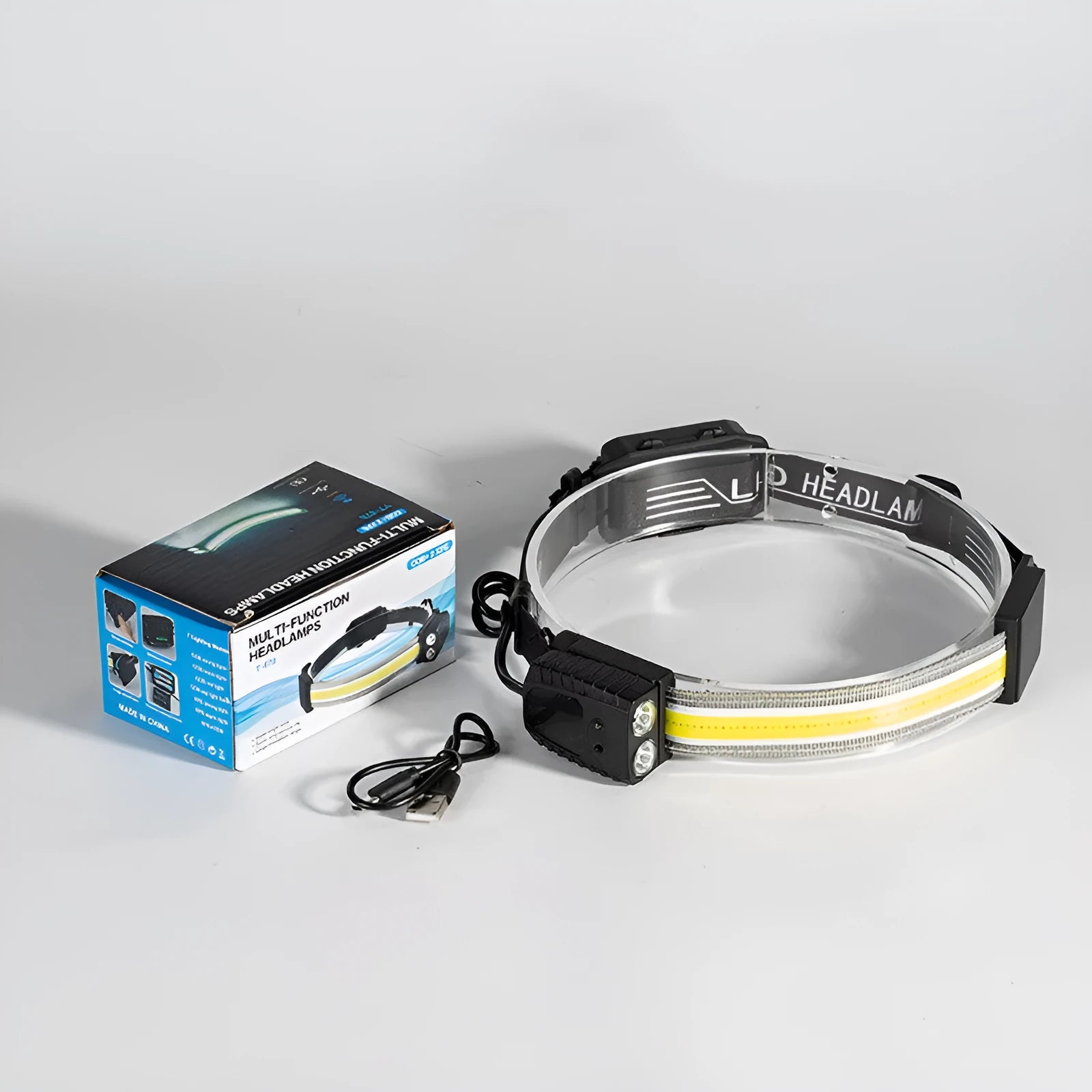 Black multifunctional headlamp with gesture sensing, showing COB and XPE LEDs on the front.
