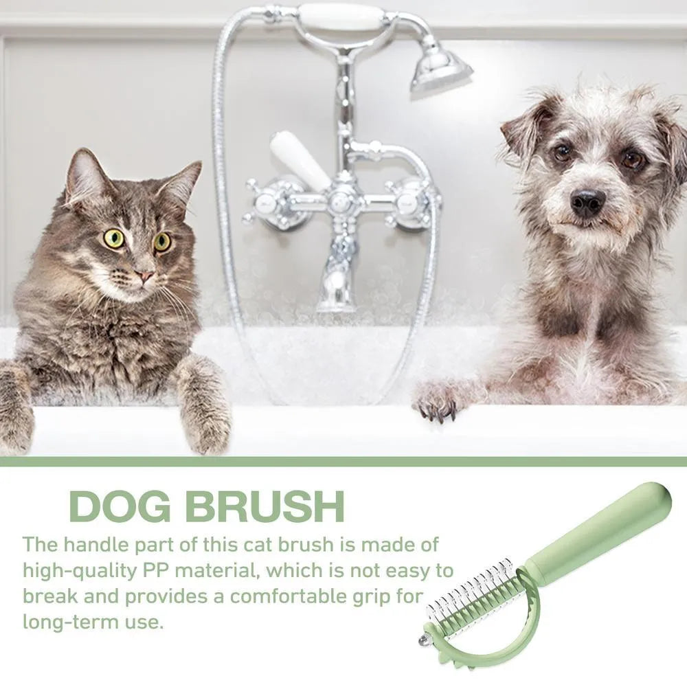 Dinosaur-shaped self-cleaning cat brush with double-sided stainless steel pins on blue handle
