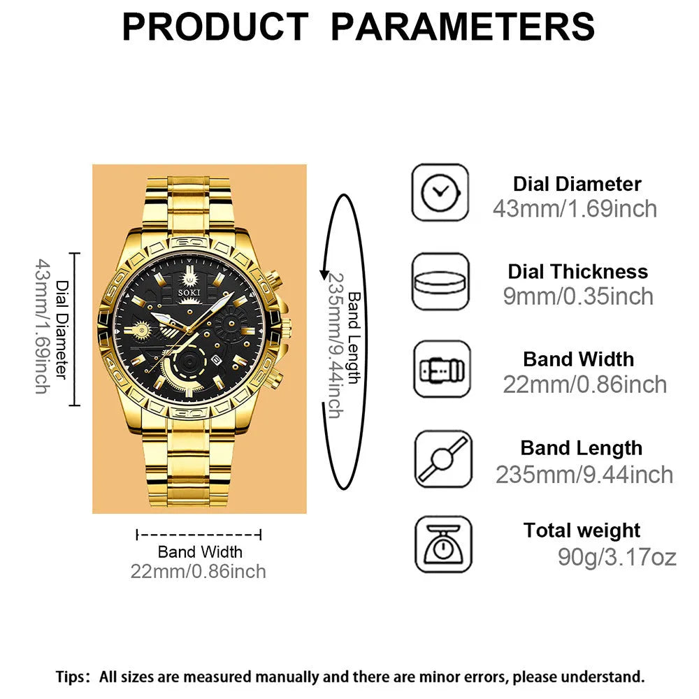 Gold men's stainless steel business wristwatch with calendar display on a metal strap.