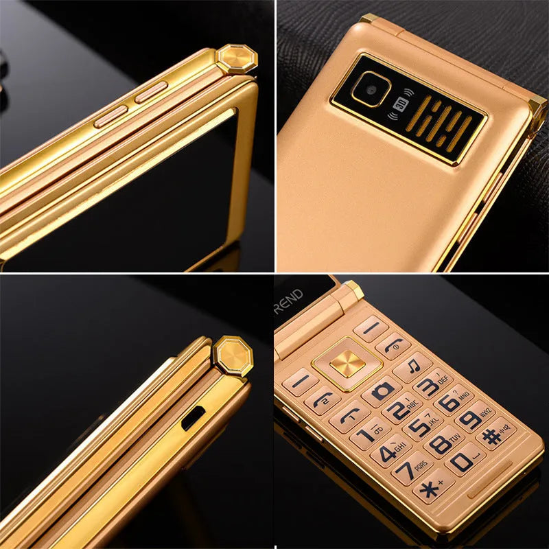 Dual screen flip phone with touch screen showing black, gold, and coffee colour options