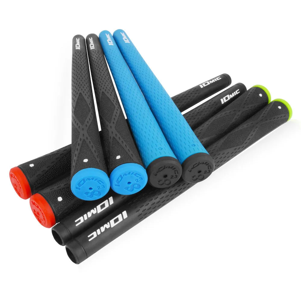 TPE golf club grip shown in a selection of available colours including pink, blue, and black with coloured head.
