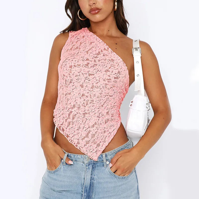 Women's lace backless vest top with asymmetrical neckline in solid colours