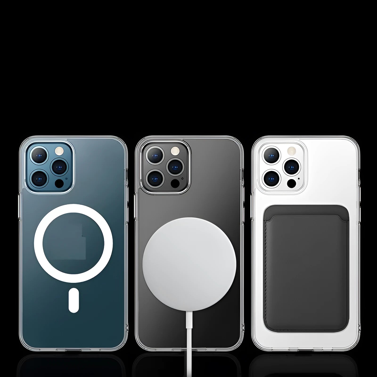 Transparent magnetic back cover case for iPhone showing MagSafe compatibility ring