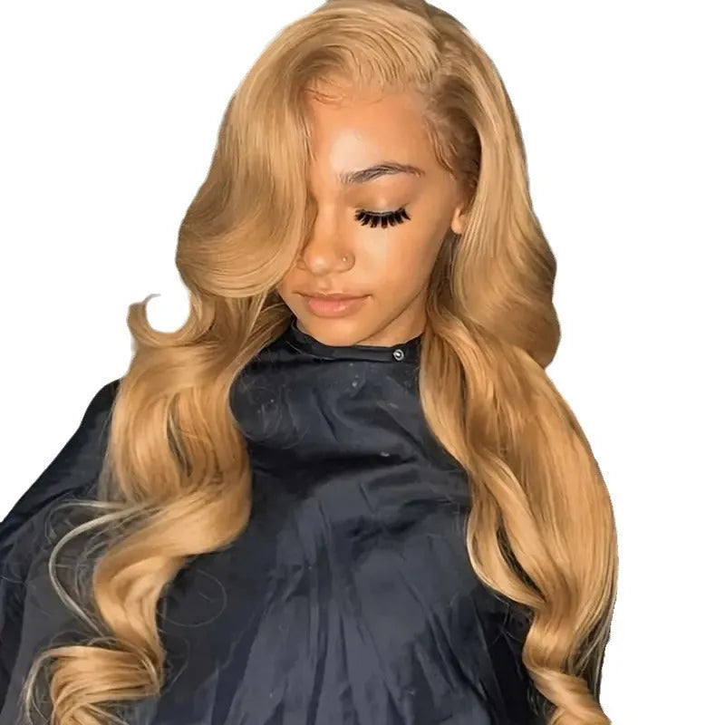 Light brown big wave synthetic wig with side bangs in European fashion style