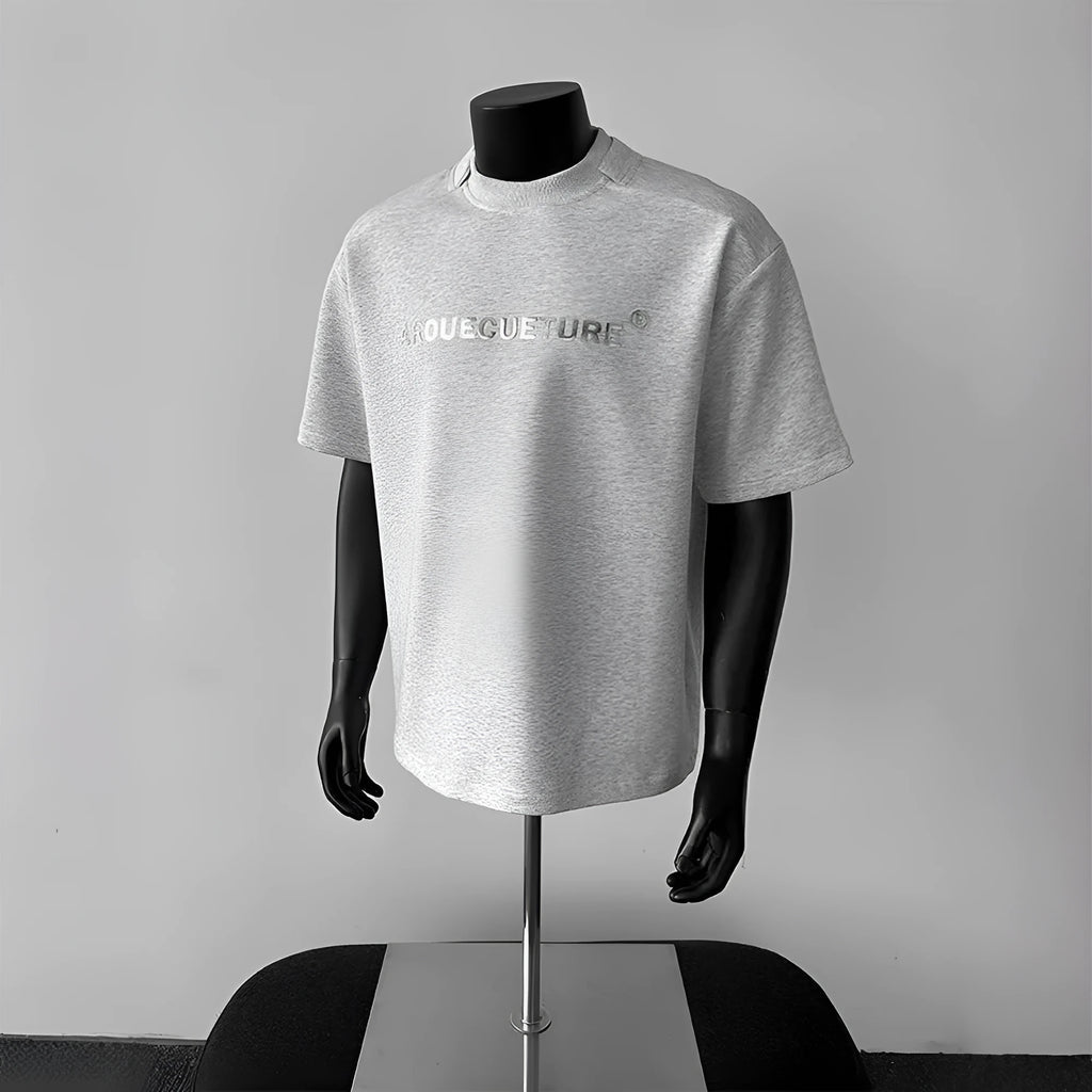 Men's loose fit pure cotton short sleeve shirt in light grey with letter pattern