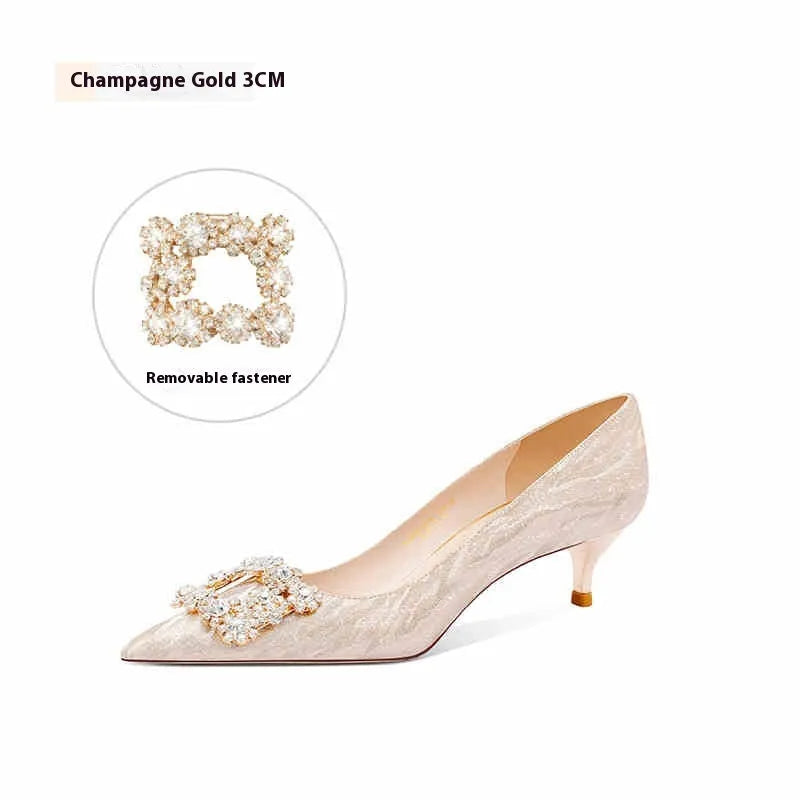 Champagne gold women's pointed toe stiletto heel pumps on a white background.