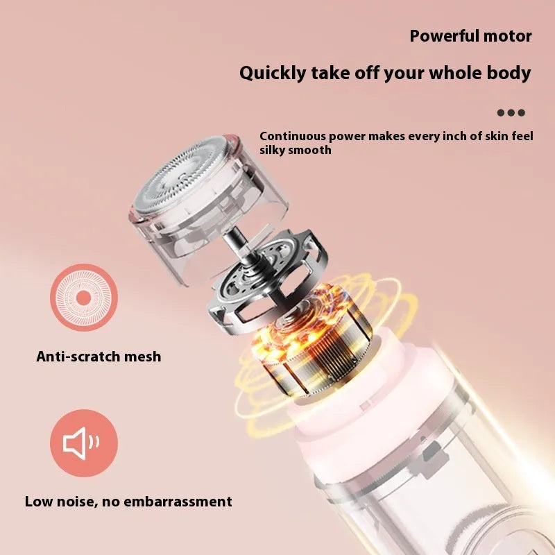 Pink and white portable electric armpit hair trimmer with USB charging cable on white background